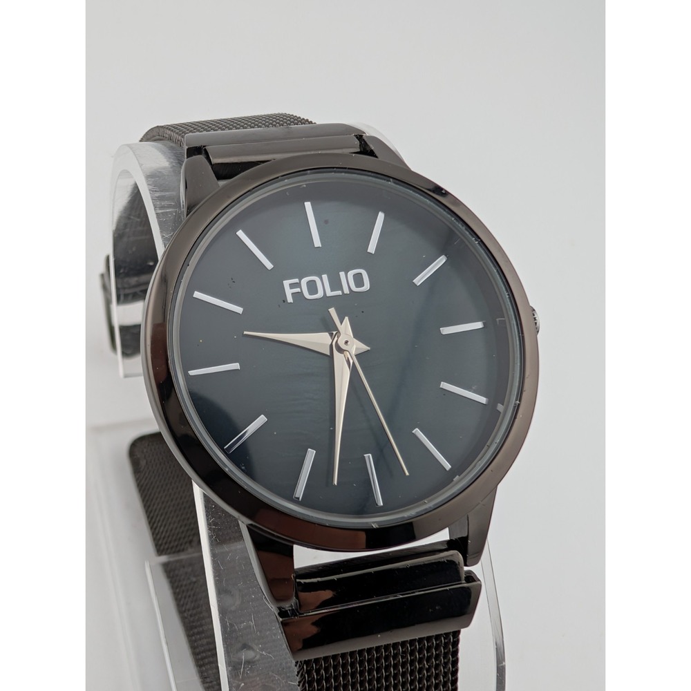 FOLIO‎ Watch Women 32mm Case Black MOP Dial Mesh Metal Band- New Battery